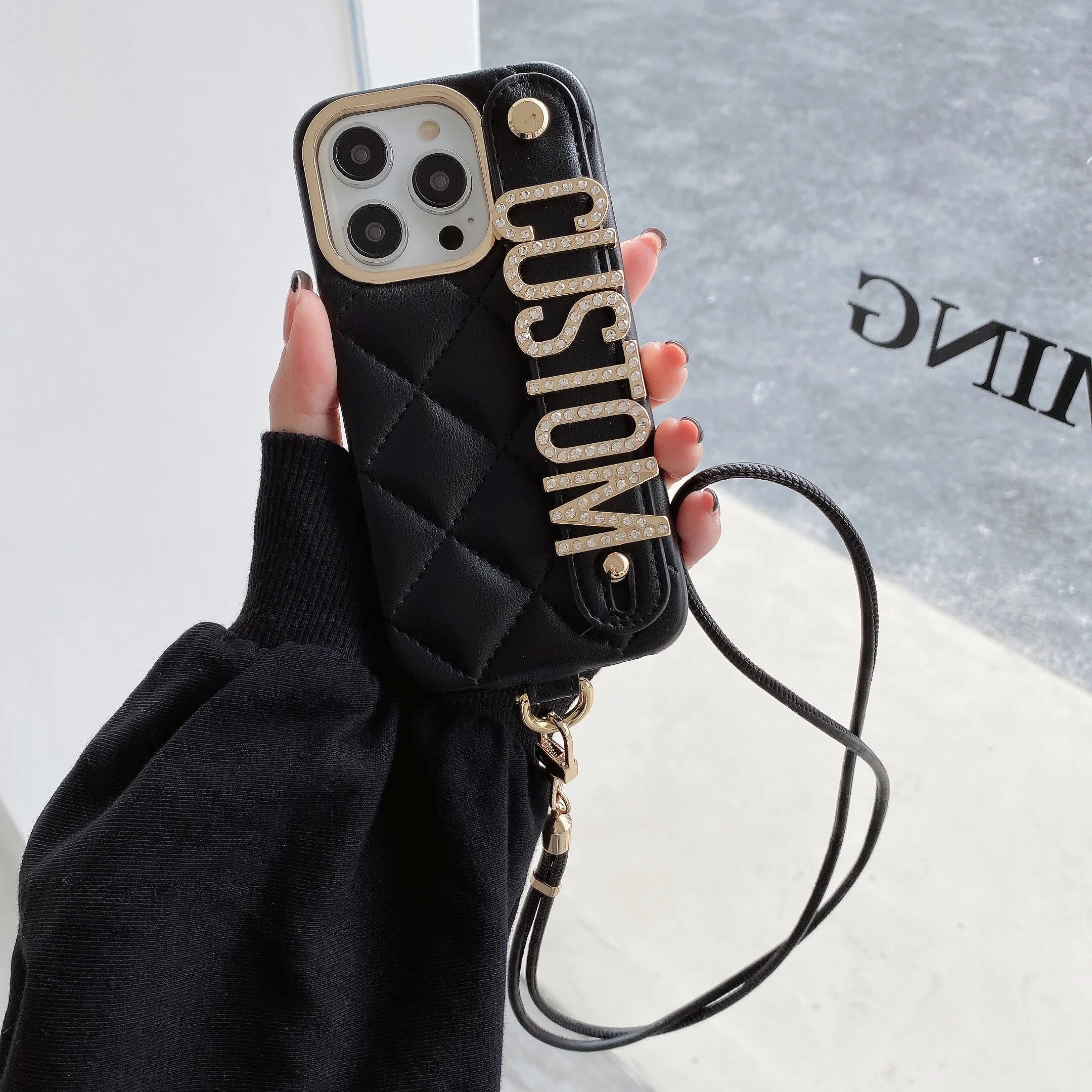 Personalised iPhone Case with Lanyard- Leather & Gold Metallic Letters