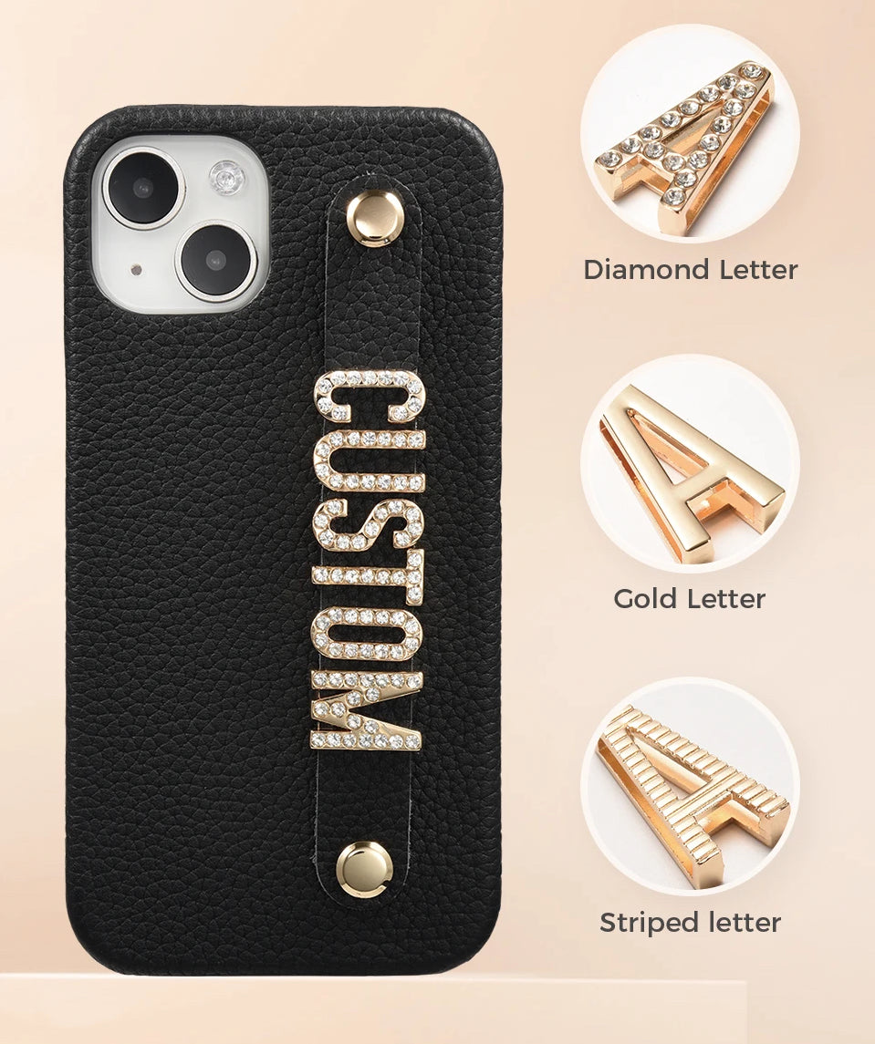 custom Personalised iPhone Case - Leather & Gold Metallic Letters